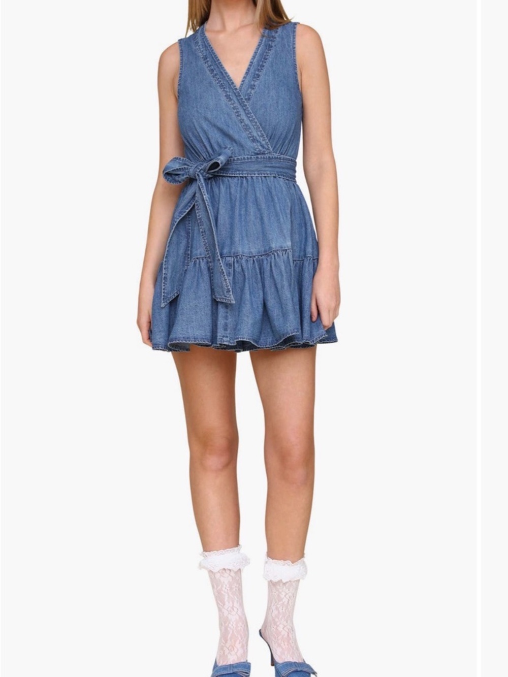 Avec Les Filles Sleeveless Denim-Style Tie-Waist Mini Dress in Blue - Picture 3 of 7